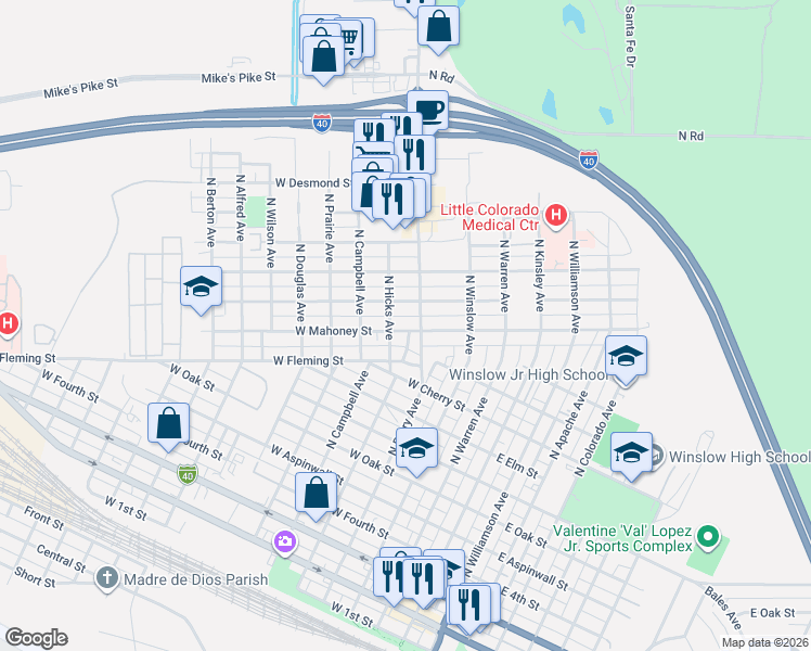 map of restaurants, bars, coffee shops, grocery stores, and more near 408 West Mahoney Street in Winslow