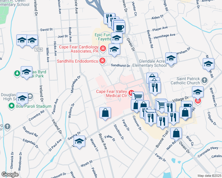 map of restaurants, bars, coffee shops, grocery stores, and more near 3415 Melrose Road in Fayetteville