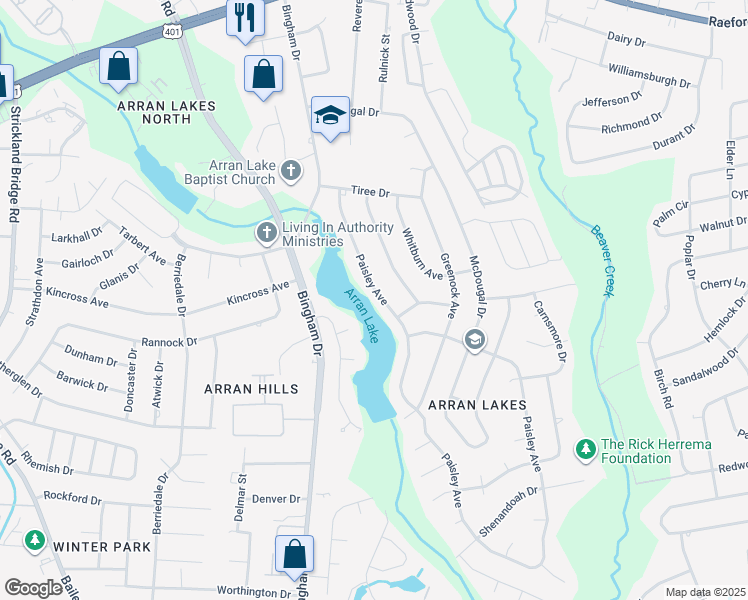 map of restaurants, bars, coffee shops, grocery stores, and more near 1456 Paisley Avenue in Fayetteville