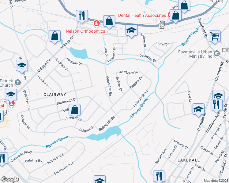 map of restaurants, bars, coffee shops, grocery stores, and more near 2627 Edmonton Road in Fayetteville