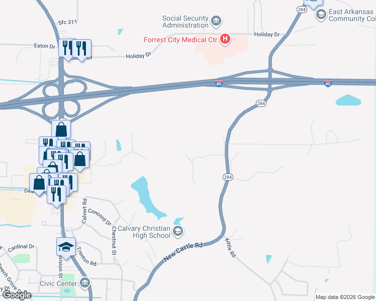 map of restaurants, bars, coffee shops, grocery stores, and more near 184 Thompson Lane in Forrest City