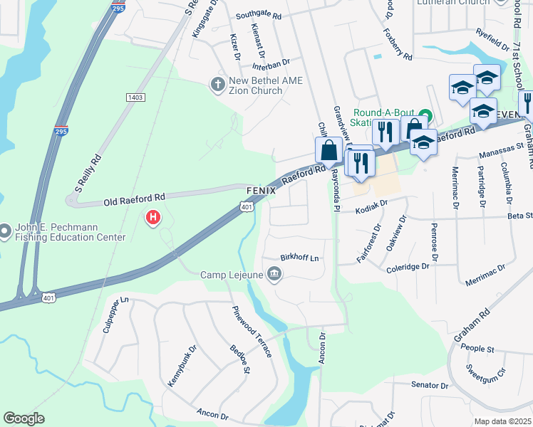 map of restaurants, bars, coffee shops, grocery stores, and more near 2321 Bentridge Lane in Fayetteville