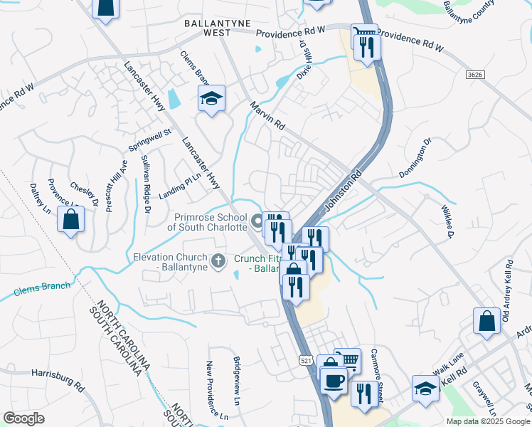 map of restaurants, bars, coffee shops, grocery stores, and more near 11927 Royal Castle Court in Charlotte
