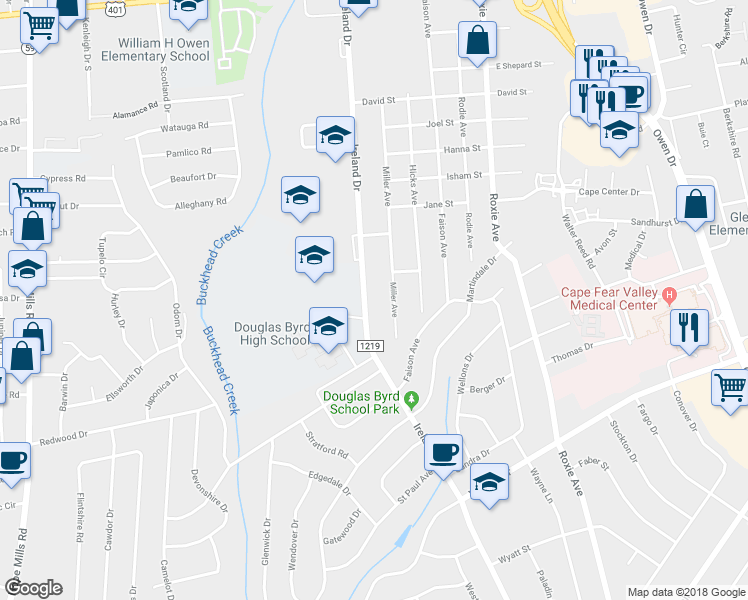 map of restaurants, bars, coffee shops, grocery stores, and more near 1605 Ireland Drive in Fayetteville