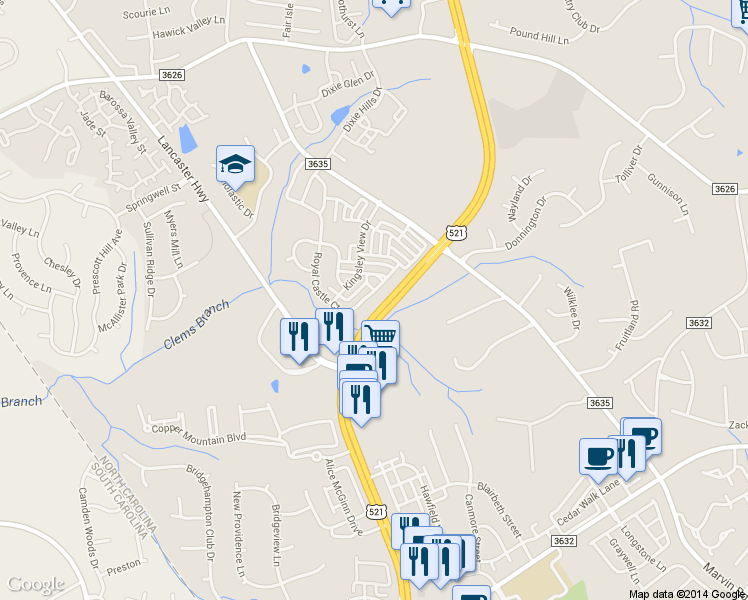 map of restaurants, bars, coffee shops, grocery stores, and more near 11805 Royal Castle Ct in Charlotte