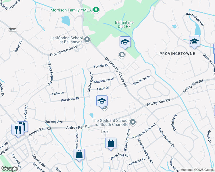 map of restaurants, bars, coffee shops, grocery stores, and more near 14022 Eldon Drive in Charlotte