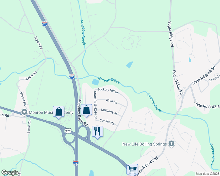 map of restaurants, bars, coffee shops, grocery stores, and more near 149 Hickory Hill Drive in Inman