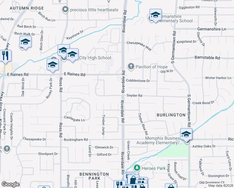 map of restaurants, bars, coffee shops, grocery stores, and more near 6937 Snyder Road in Memphis