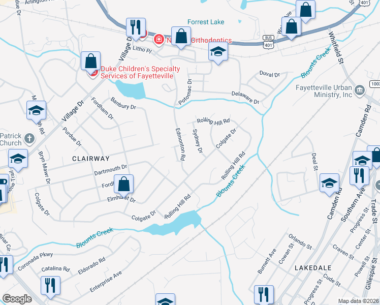 map of restaurants, bars, coffee shops, grocery stores, and more near 2628 Sydney Drive in Fayetteville