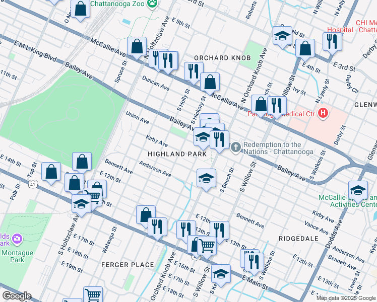 map of restaurants, bars, coffee shops, grocery stores, and more near 1702 Kirby Avenue in Chattanooga