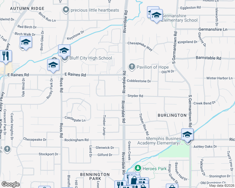 map of restaurants, bars, coffee shops, grocery stores, and more near 6937 Snyder Road in Memphis