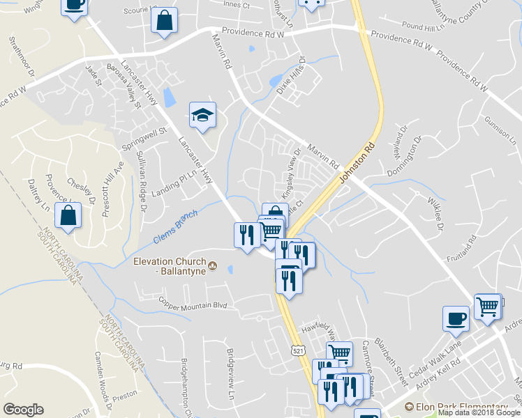 map of restaurants, bars, coffee shops, grocery stores, and more near 11927 Royal Castle Court in Charlotte