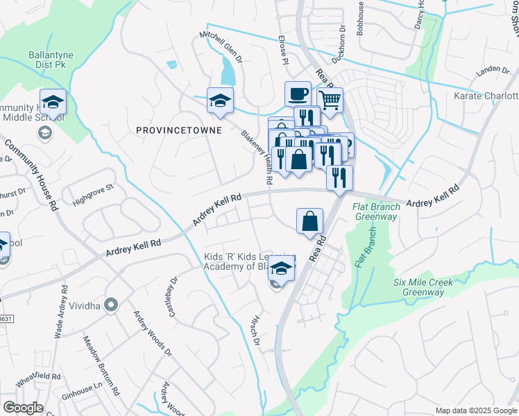 map of restaurants, bars, coffee shops, grocery stores, and more near 9025 Bishop Crest Lane in Charlotte