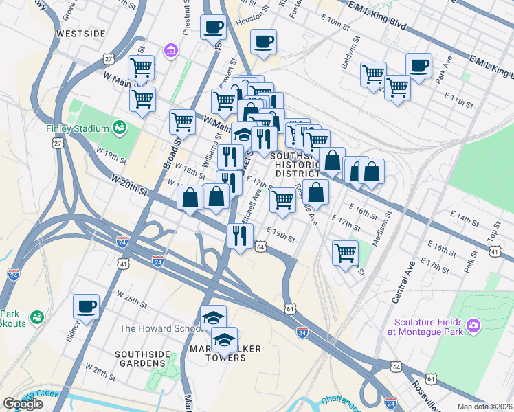 map of restaurants, bars, coffee shops, grocery stores, and more near 1721 Read Avenue in Chattanooga