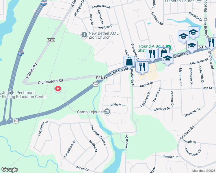 map of restaurants, bars, coffee shops, grocery stores, and more near 3910 Bardstown Court in Fayetteville