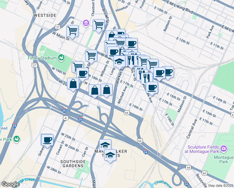 map of restaurants, bars, coffee shops, grocery stores, and more near 1733 Mitchell Avenue in Chattanooga