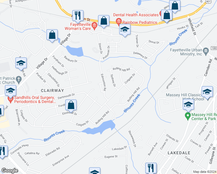 map of restaurants, bars, coffee shops, grocery stores, and more near 2625 Edmonton Road in Fayetteville