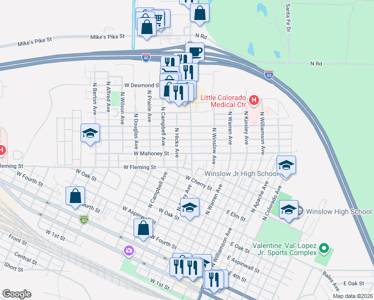 map of restaurants, bars, coffee shops, grocery stores, and more near 408 West Mahoney Street in Winslow