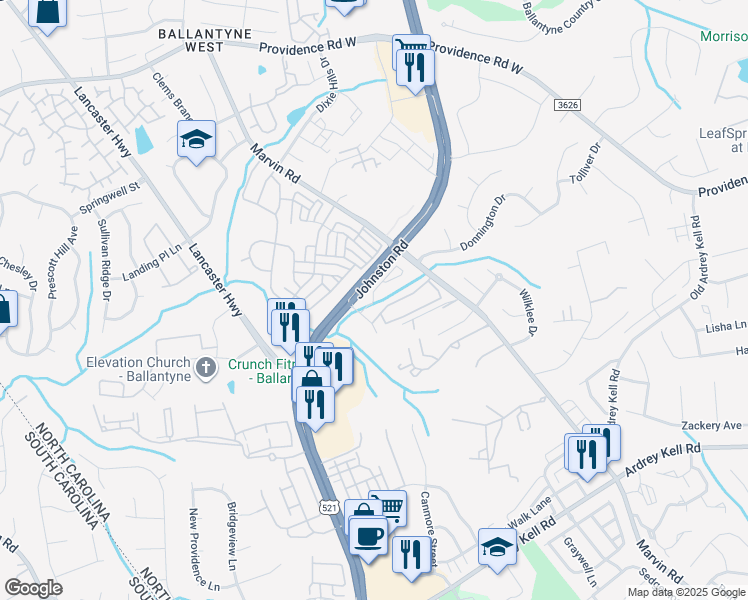 map of restaurants, bars, coffee shops, grocery stores, and more near 11655 Flat Branch Close Drive in Charlotte