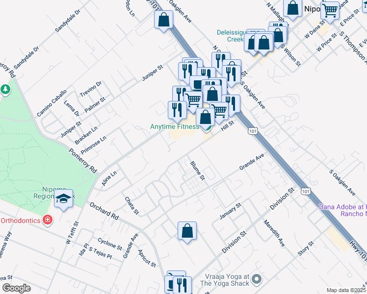 map of restaurants, bars, coffee shops, grocery stores, and more near 680 Hill Street in Nipomo