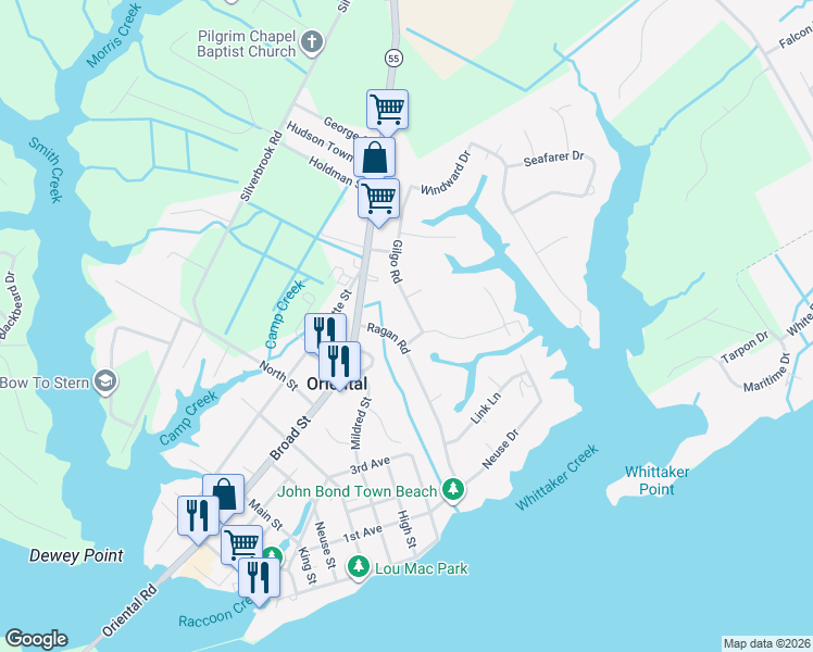 map of restaurants, bars, coffee shops, grocery stores, and more near 115 Ragan Road in Oriental