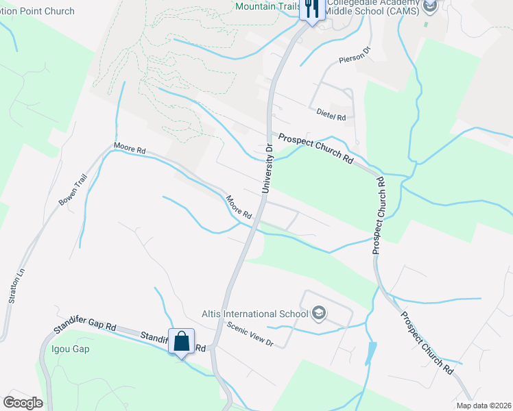 map of restaurants, bars, coffee shops, grocery stores, and more near 4086 University Drive in Collegedale