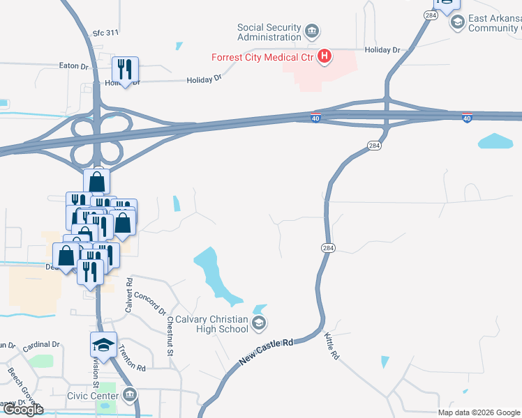 map of restaurants, bars, coffee shops, grocery stores, and more near 184 Thompson Lane in Forrest City