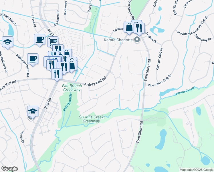 map of restaurants, bars, coffee shops, grocery stores, and more near 6917 Royce Court in Charlotte