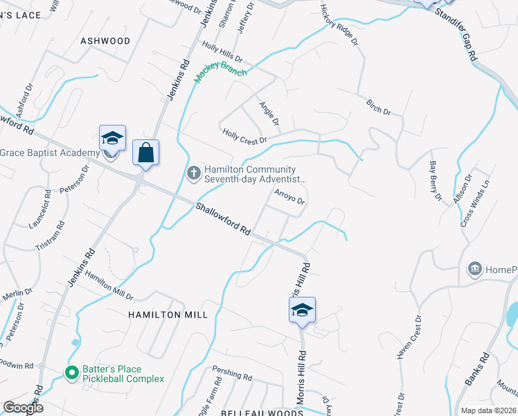 map of restaurants, bars, coffee shops, grocery stores, and more near 2307 Ranch Hills Road in Chattanooga