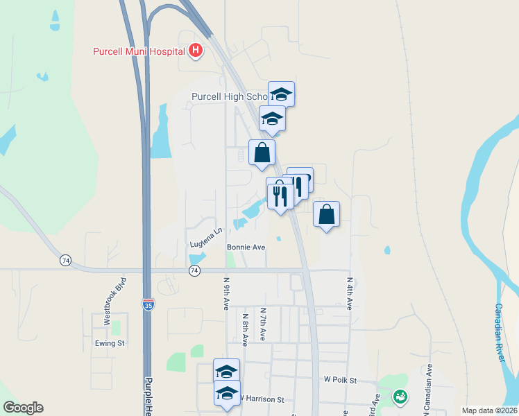 map of restaurants, bars, coffee shops, grocery stores, and more near 1729 Brookside Drive in Purcell