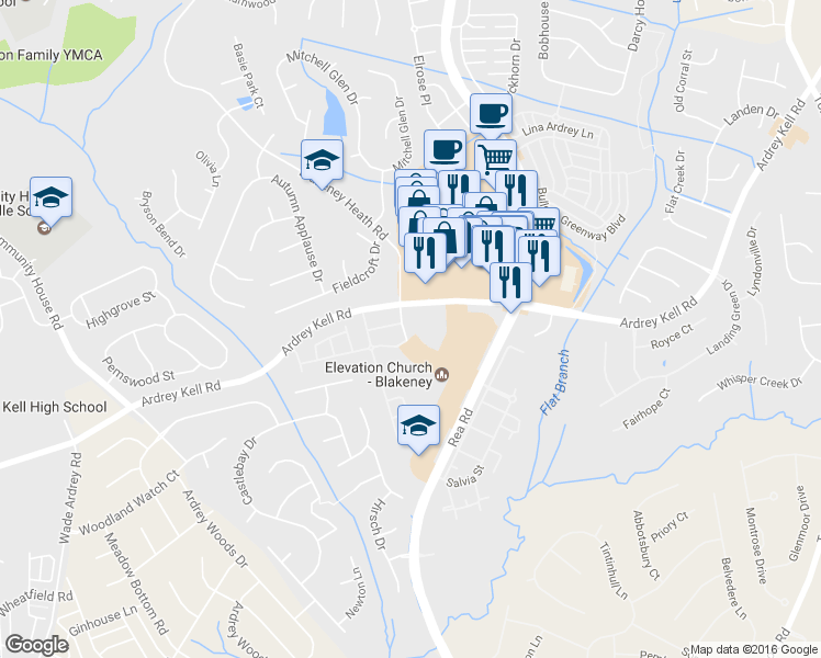 map of restaurants, bars, coffee shops, grocery stores, and more near 8936 Blakeney Professional Drive in Charlotte