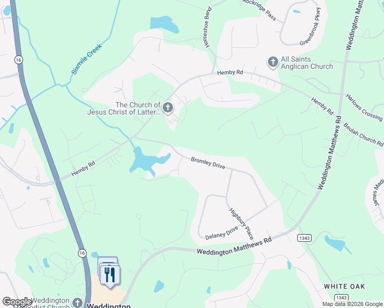 map of restaurants, bars, coffee shops, grocery stores, and more near 1107 Bromley Drive in Weddington