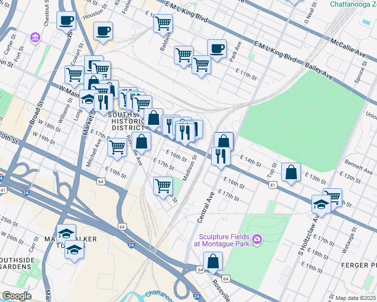 map of restaurants, bars, coffee shops, grocery stores, and more near 624 East Main Street in Chattanooga