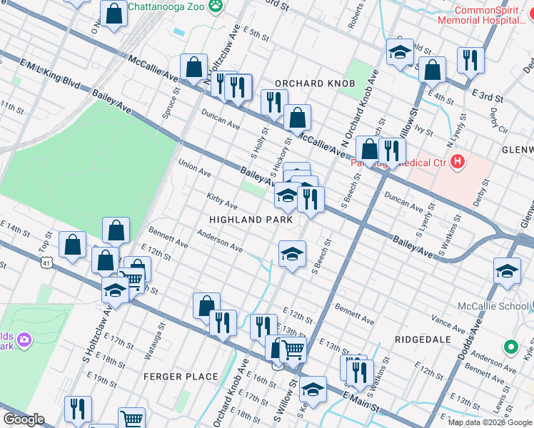 map of restaurants, bars, coffee shops, grocery stores, and more near 1702 Kirby Avenue in Chattanooga