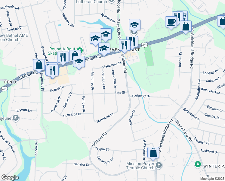 map of restaurants, bars, coffee shops, grocery stores, and more near 7210 Beta Street in Fayetteville