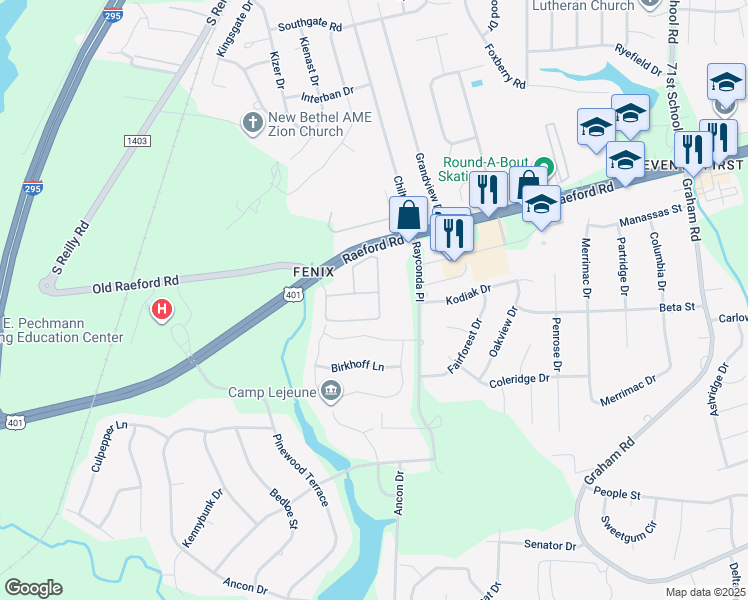 map of restaurants, bars, coffee shops, grocery stores, and more near 3950 Bardstown Court in Fayetteville