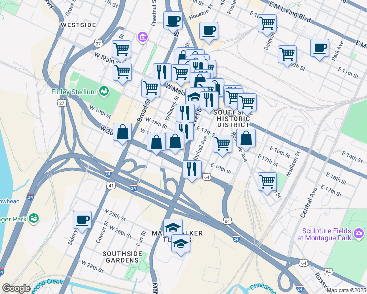 map of restaurants, bars, coffee shops, grocery stores, and more near 27 Long Street Alley in Chattanooga