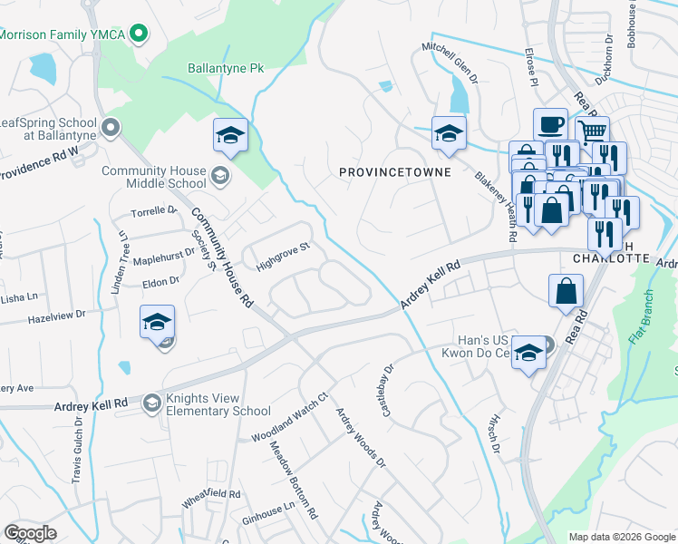 map of restaurants, bars, coffee shops, grocery stores, and more near 8929 Summer Club Road in Charlotte