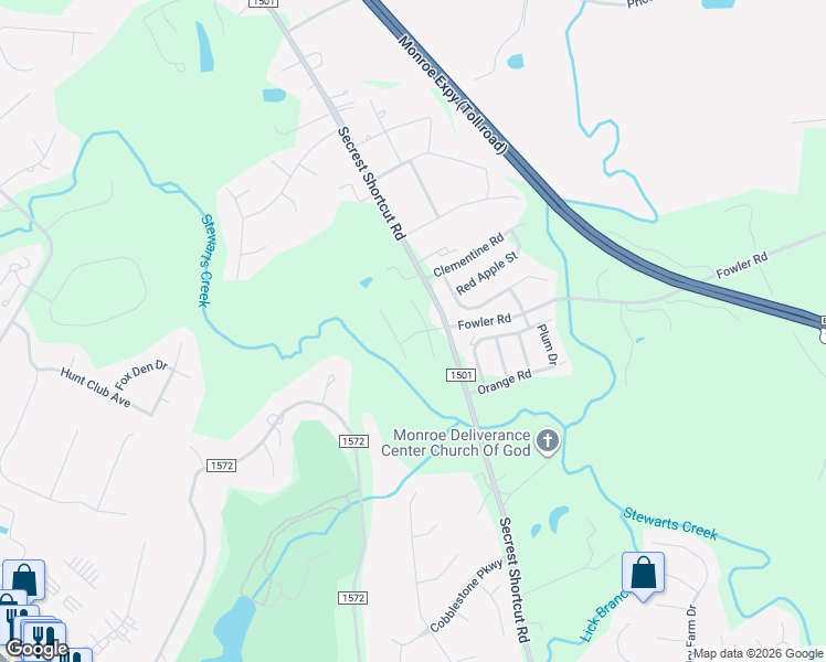 map of restaurants, bars, coffee shops, grocery stores, and more near 3417 Secrest Short Cut Road in Monroe