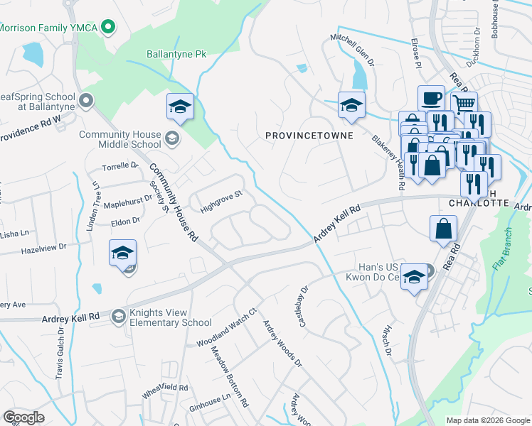 map of restaurants, bars, coffee shops, grocery stores, and more near 8929 Summer Club Road in Charlotte