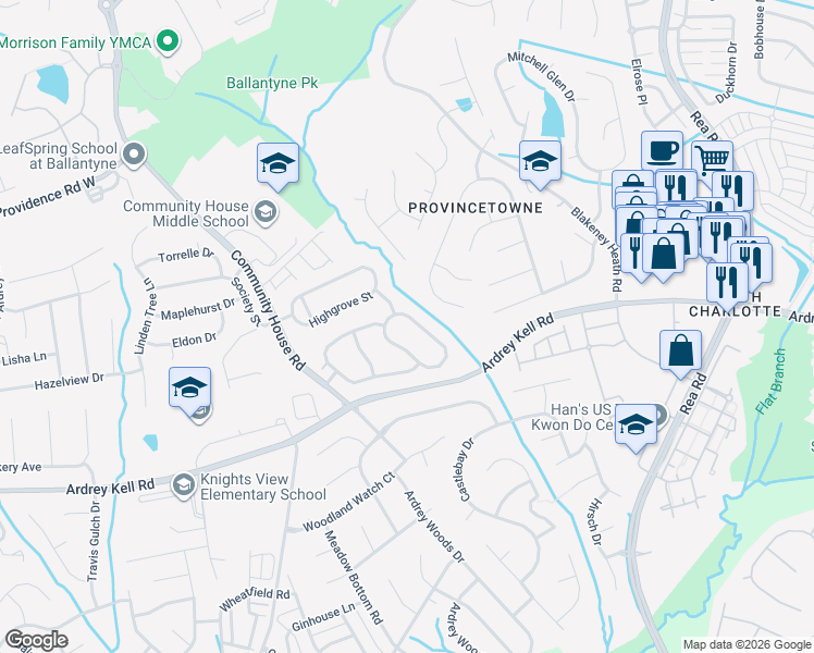 map of restaurants, bars, coffee shops, grocery stores, and more near 8929 Summer Club Road in Charlotte