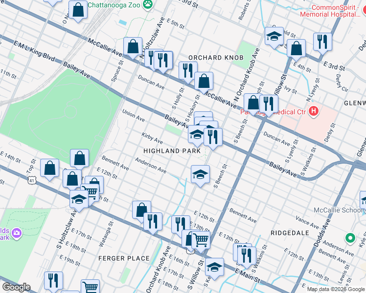 map of restaurants, bars, coffee shops, grocery stores, and more near 1702 Kirby Avenue in Chattanooga