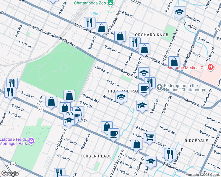 map of restaurants, bars, coffee shops, grocery stores, and more near 1506 Vance Avenue in Chattanooga