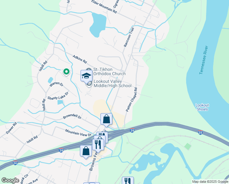 map of restaurants, bars, coffee shops, grocery stores, and more near 349 Browns Ferry Road in Chattanooga