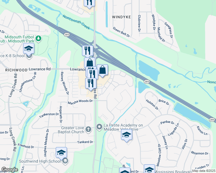 map of restaurants, bars, coffee shops, grocery stores, and more near 8042 Waterford Place in Memphis