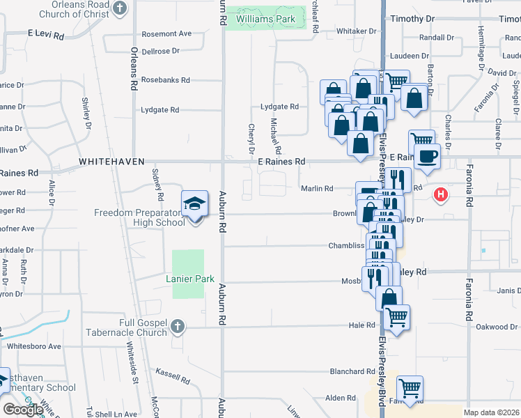 map of restaurants, bars, coffee shops, grocery stores, and more near 921 Brownlee Road in Memphis