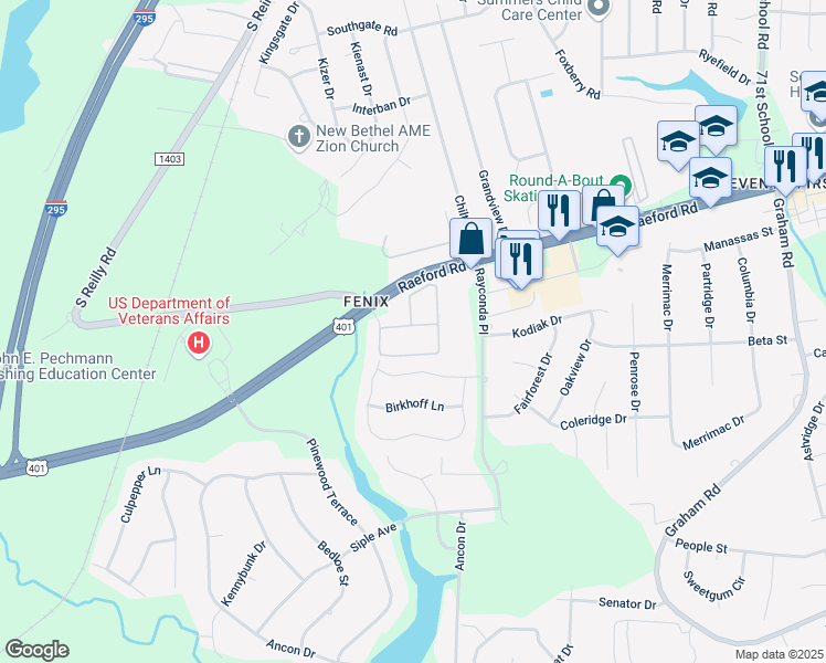map of restaurants, bars, coffee shops, grocery stores, and more near 3930 Bardstown Court in Fayetteville