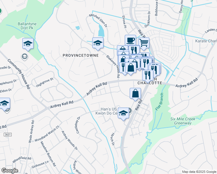 map of restaurants, bars, coffee shops, grocery stores, and more near 10014 Blakeney Preserve Drive in Charlotte