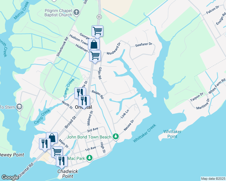map of restaurants, bars, coffee shops, grocery stores, and more near 1205 Lupton Drive in Oriental