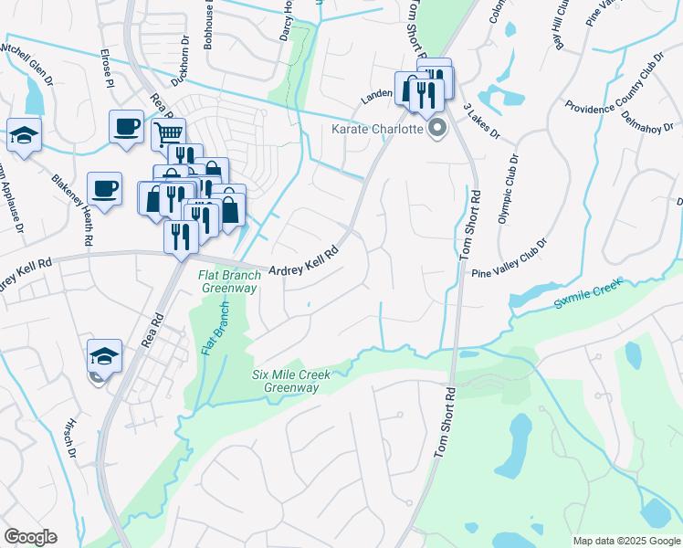 map of restaurants, bars, coffee shops, grocery stores, and more near 6917 Royce Court in Charlotte
